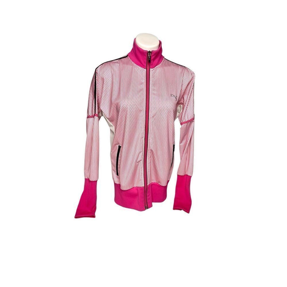 Puma pink and white polka dot full zip athletic jacket size L
